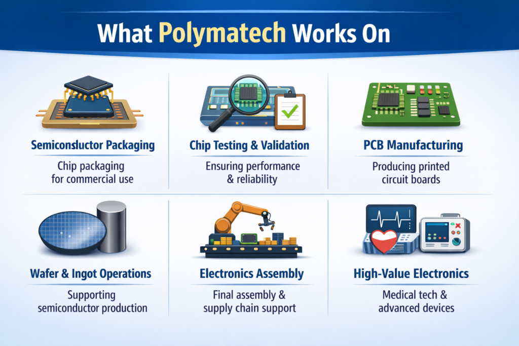 Polymatech Electronics infographic showing semiconductor packaging, testing and PCB manufacturing