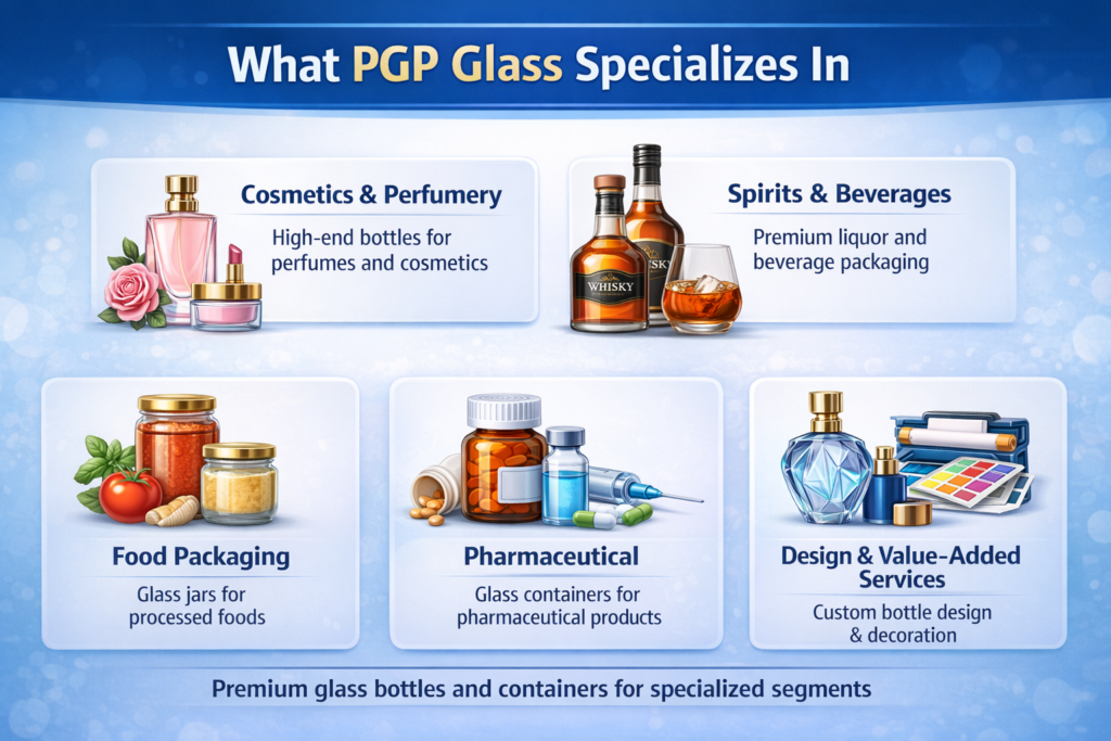 Infographic showing PGP Glass business segments including cosmetics, perfumery, spirits, food packaging, pharmaceuticals and value-added glass bottle services