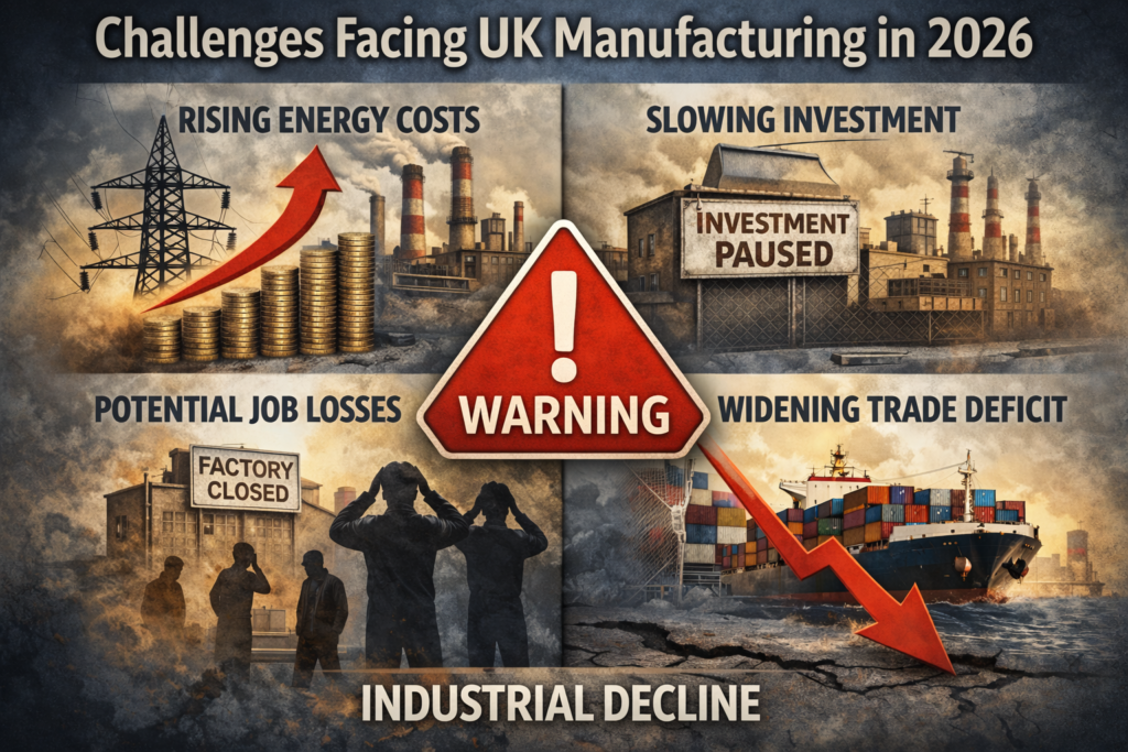 nfographic showing the key challenges for UK manufacturing in 2026, including rising energy costs, slowing investment, potential job losses, and a widening trade deficit, with a central red warning sign symbolizing industrial decline.