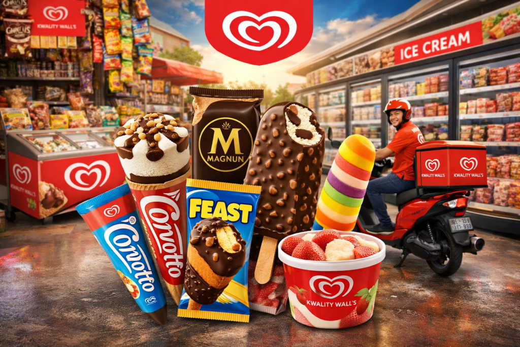 Kwality Wall’s popular ice cream products like Cornetto, Magnum and Feast displayed with retail freezer and delivery distribution background