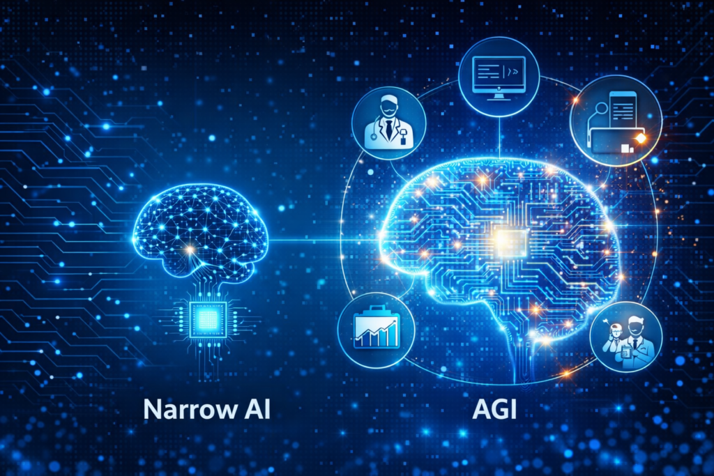 AGI vs narrow AI infographic showing difference between limited AI and general intelligence