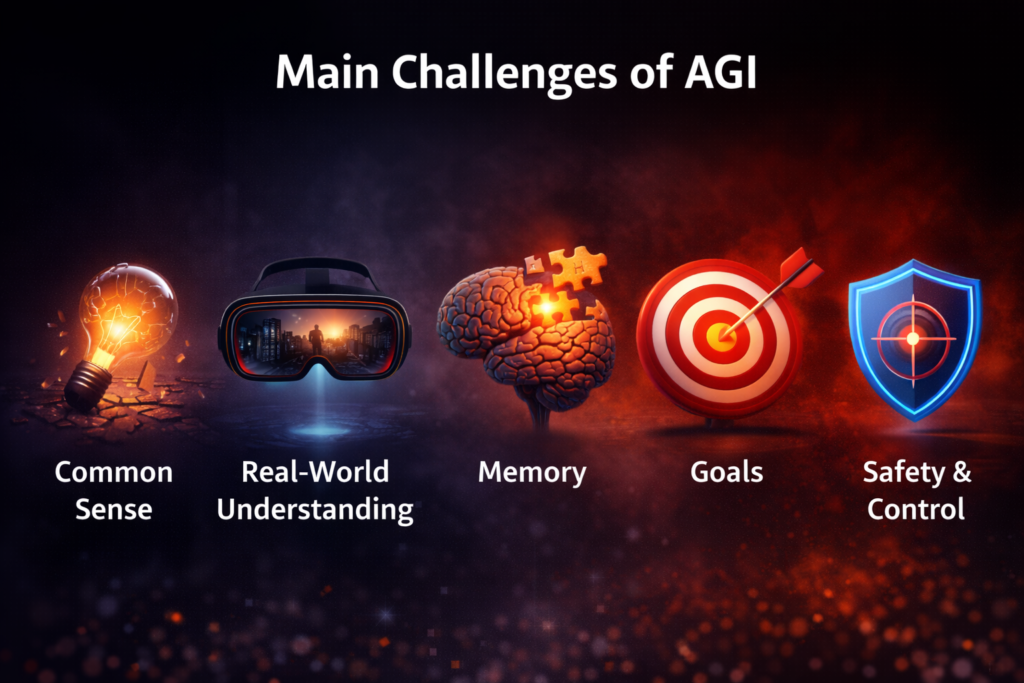 Main challenges of AGI including common sense real world understanding memory goals and AI safety control