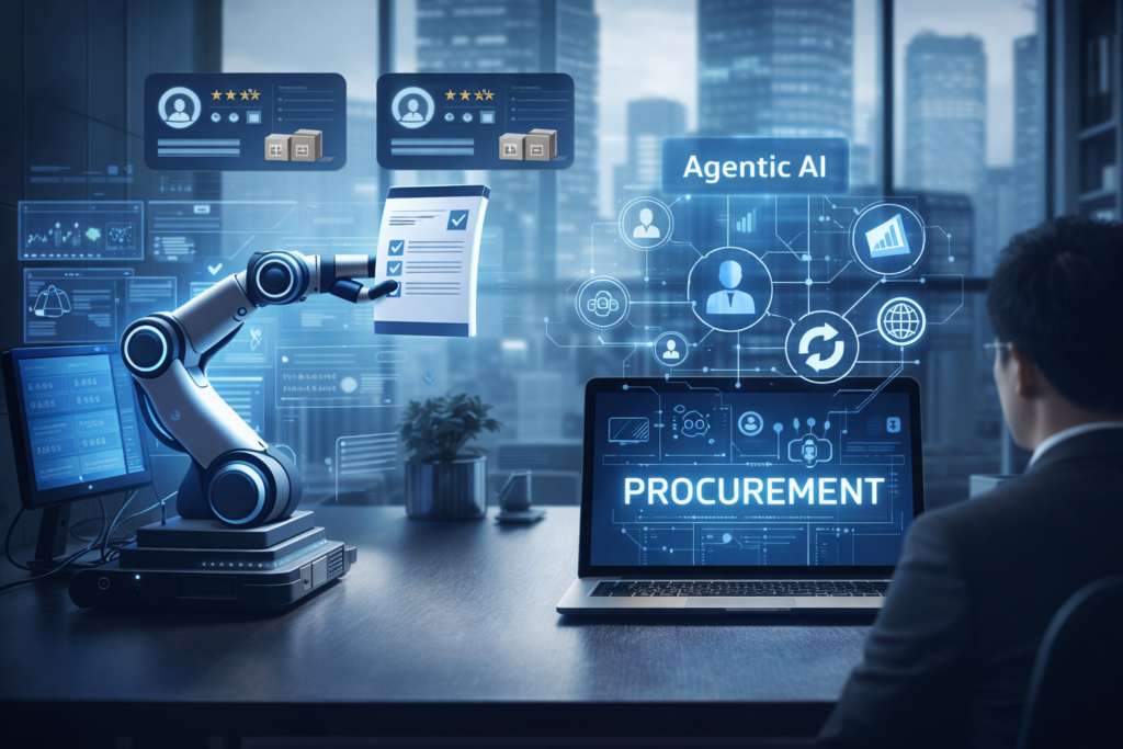 Agentic AI automating procurement process using robotic systems and data analytics in a modern office environment.