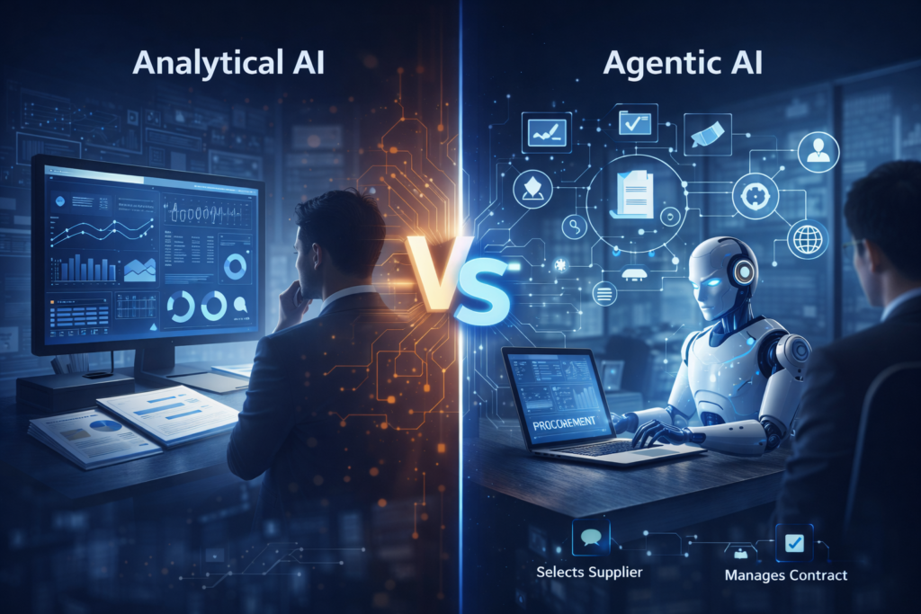 Comparison between Analytical AI and Agentic AI showing data analysis on one side and autonomous decision-making robot on the other