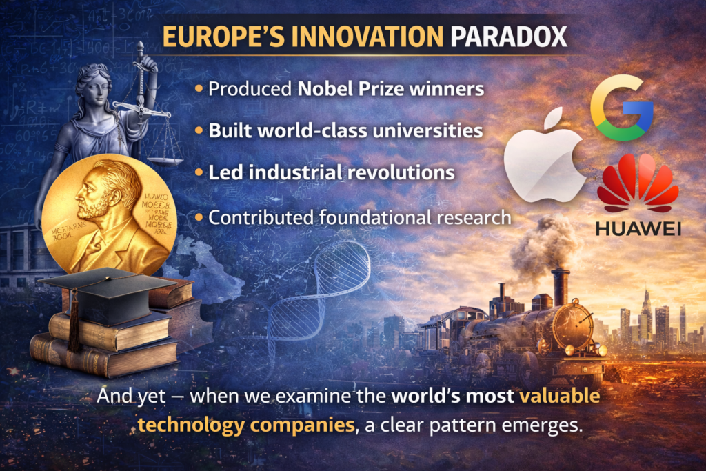 Europe’s Innovation Paradox showing Nobel Prize legacy, industrial revolution history and lack of global Big Tech companies
