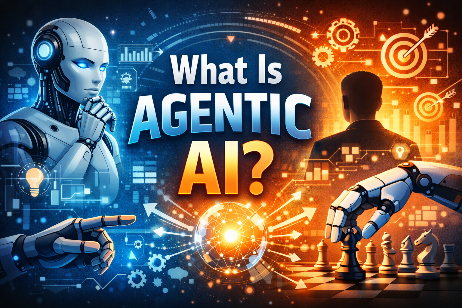 What Is Agentic AI featured image showing AI robot, human silhouette, and autonomous decision-making concept