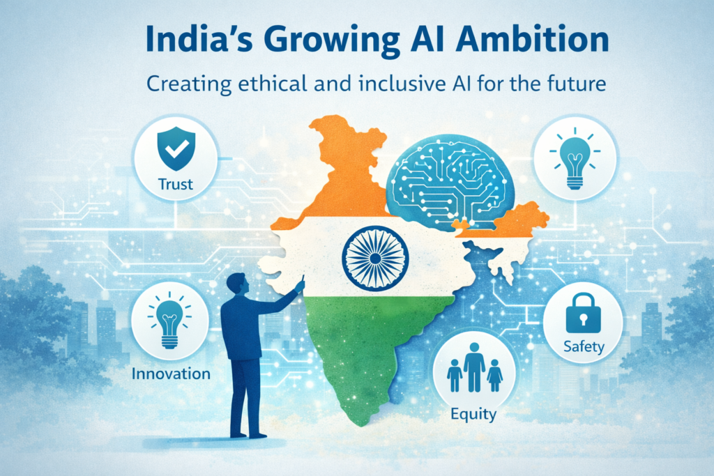 Infographic showing India’s vision for ethical AI with icons of trust, innovation, equity, and safety, centered on the Indian map and digital network background.