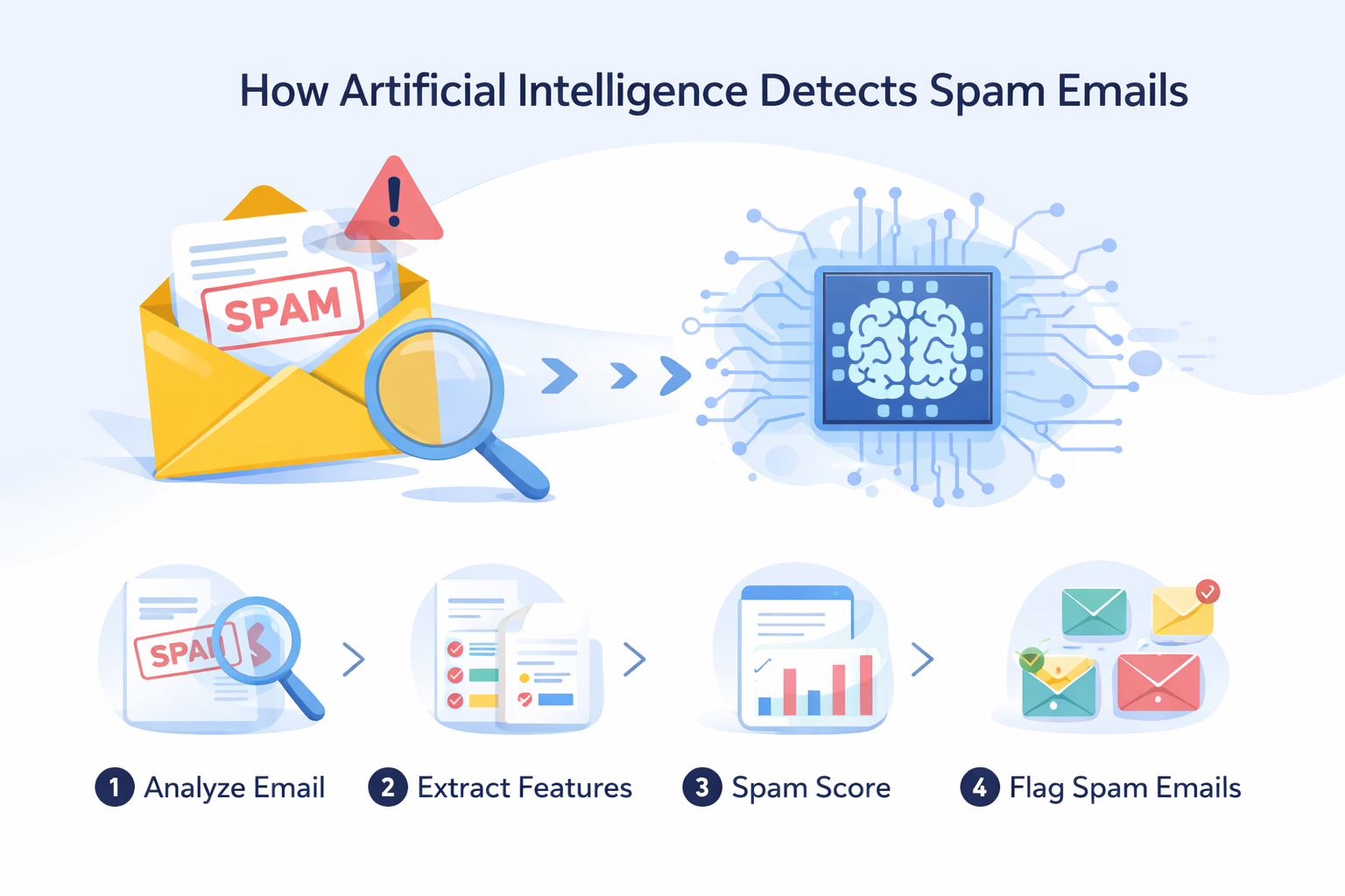 AI Spam Email Detection process — analyzing emails, extracting features, scoring, and flagging spam using artificial intelligence.