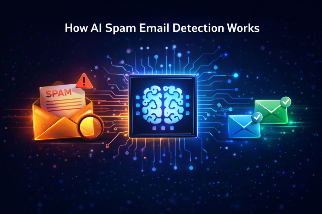 Dark tech themed illustration showing how AI Spam Email Detection works, with a glowing AI brain chip filtering spam and valid emails using artificial intelligence.