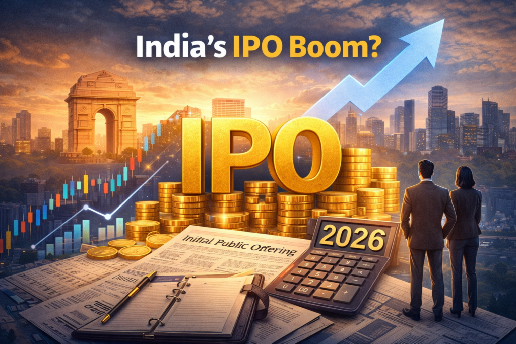 Illustration showing India IPO boom 2026 with stock market growth chart, gold coins and upward arrow symbolizing potential public listings.