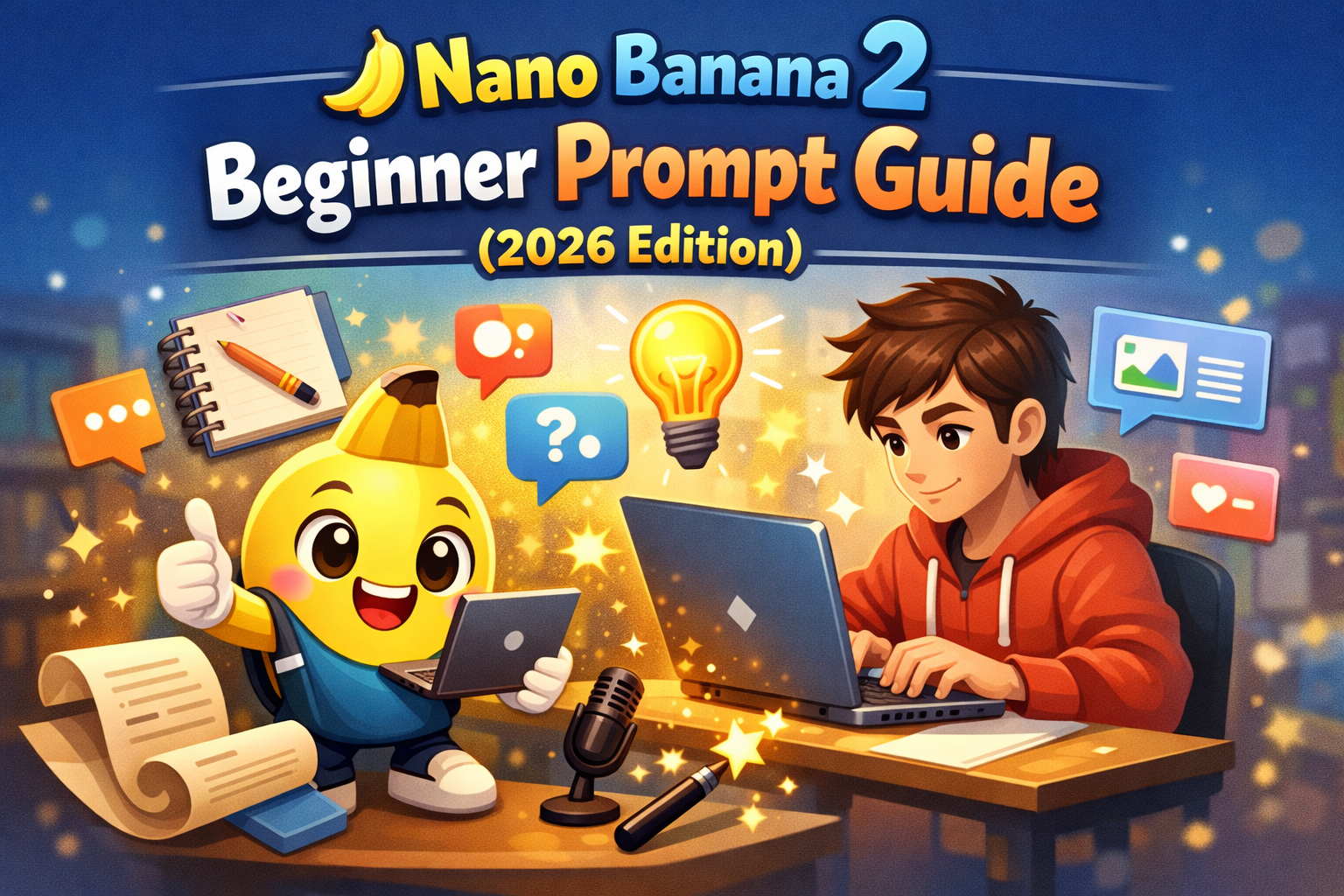 Nano Banana 2 beginner prompt guide illustration showing a creator using AI prompts on a laptop with creative icons – 2026 edition tutorial for beginners