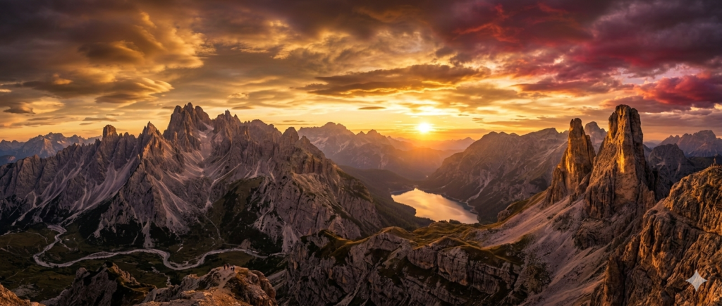 Nano Banana 2 cinematic landscape of epic mountain sunset, dramatic clouds, warm golden light, ultra-detailed wide panorama for creators (2026 Edition)