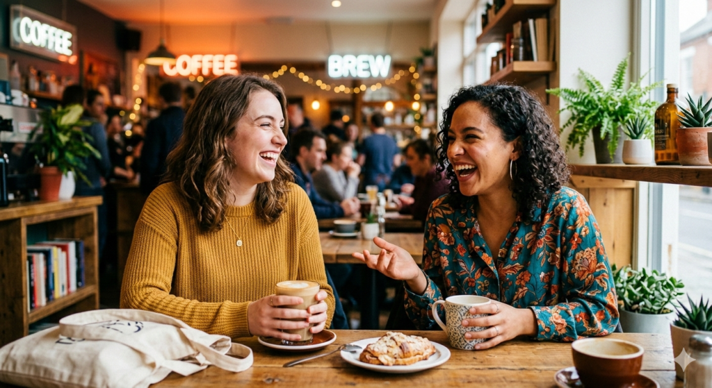 : Nano Banana 2 multiple subjects image of two friends laughing in a coffee shop, vibrant colors, candid photography style, shallow depth of field, realistic AI photo (2026 Edition)